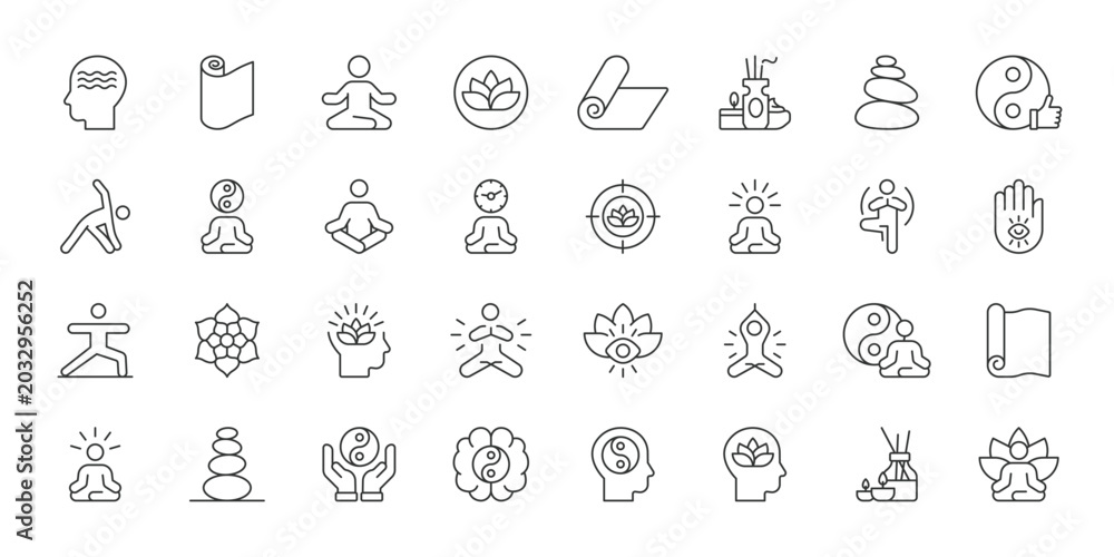 Obraz premium Yoga icons in line design. yoga, meditation, fitness, balance, wellness, mindfulness, exercise on white background vector. Yoga editable stroke icon