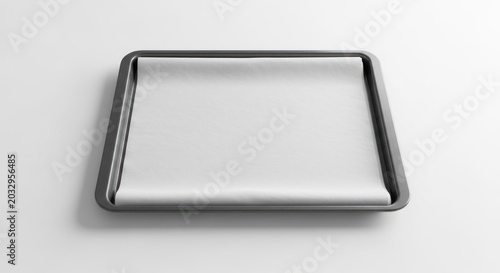 Baking tray with parchment paper isolated on white background for culinary use