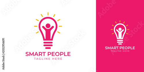 Modern Minimalist Light Bulb and Human Success Creative Smart People Logo Template
