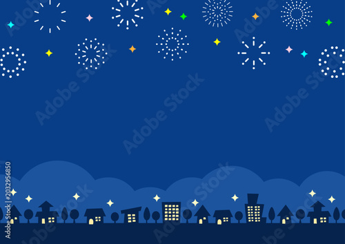 花火と夜空と夏の街並み、花火大会や夏祭りの背景イラスト