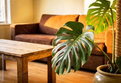 Large Monstera plant leaf in a modern living room with brown sofa