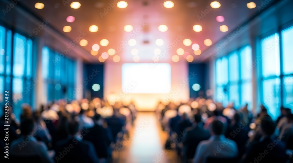 Fototapeta premium A scientific conference theme background with abstract bokeh and large presentation screen.