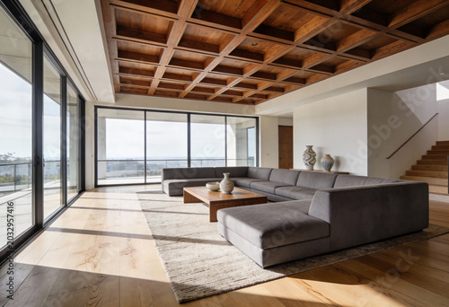 Modern living room with gray sofa and wooden ceiling