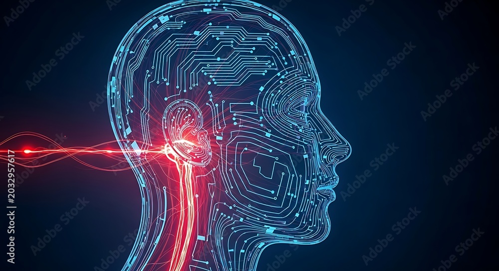 Obraz premium Digital human head profile with circuit board pattern and neural network