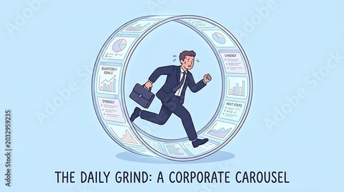 Cartoon businessman running in a hamster wheel illustrating the daily corporate