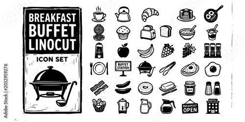 Fotografi Hotel Breakfast Buffet Linocut Black White-Dish Station Morning Dining-Food Vect