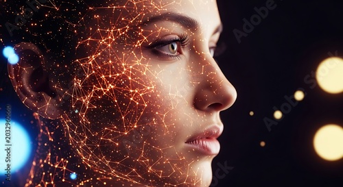 Digital human face with glowing neural network connection points