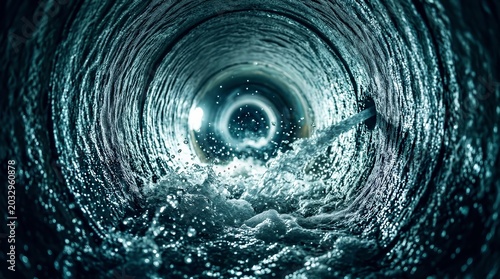 Industrial hydro jetting process cleaning a cut sewer line pipe.