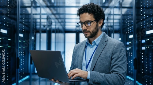 IT specialist managing cloud servers and data security in a high-tech data center.