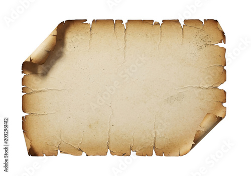Distressed ancient burned parchment scroll with dark edges and curled corners isolated on transparent background