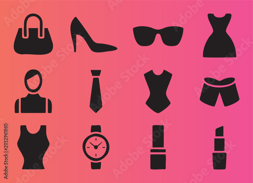 Colorful flat fashion and accessory icons collection including clothing watches and beauty products