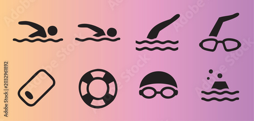 Colorful swimming and water sports icons set with lifebuoy and goggles illustration
