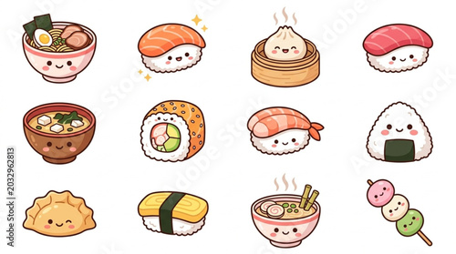 Cute Kawaii Japanese Food Collection Illustration.
