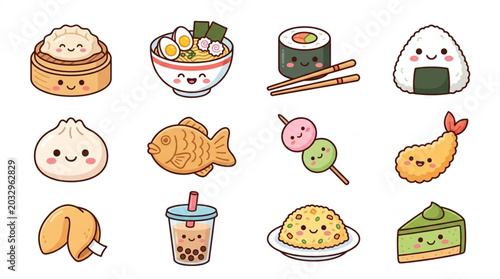 Schilderij op canvas Cute Kawaii Japanese Food Collection Vector Illustration.