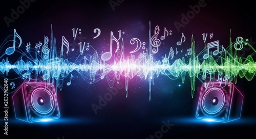 Vibrant Sound Wave Music Notes Emerging from Colorful Speakers