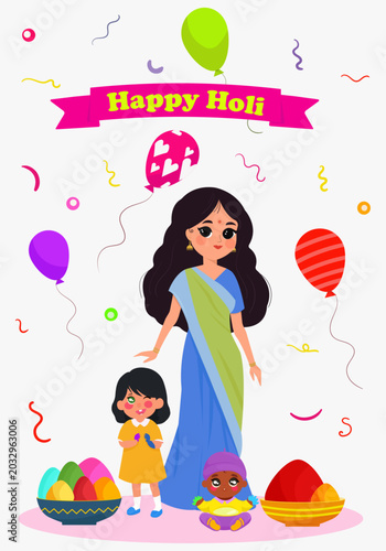 Happy Holi festival greeting card illustration. Indian family with mother and cheerful children playing with colorful powder gulal. Traditional spring holiday background celebration design