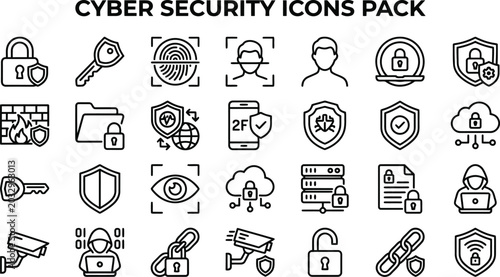Comprehensive collection of linear cyber security icons featuring protection symbols, biometric authentication, digital privacy, and network safety monitoring elements design