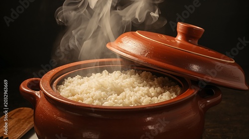 Steaming white rice in traditional clay pot with lid cooking concept