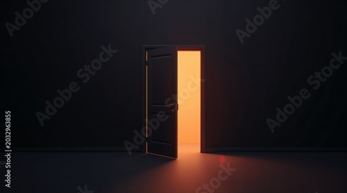 Open door with warm light in dark empty room for new opportunity concept