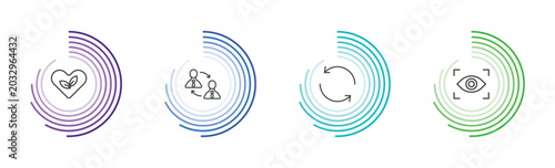 user interface icon set with ecologic heart, job transition, refresh button, viewer signs in flat outline style