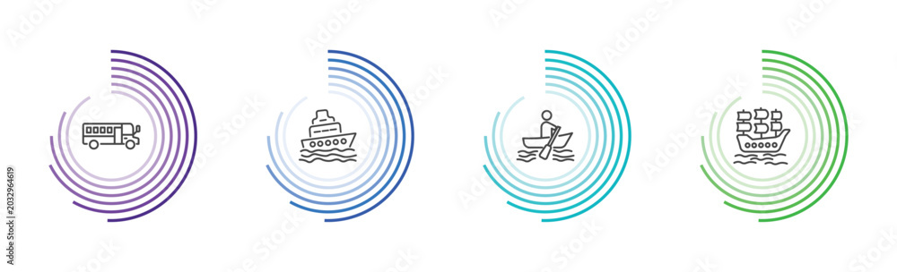Fototapeta premium transportation icon set with school bus empty, ferry, boating, galleon signs in flat outline style