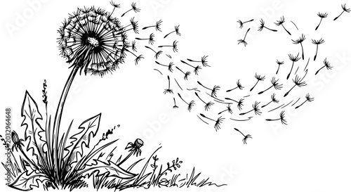 Dandelion vector sketch hand drawn line art in nature, dandelion seeds blowing in wind
