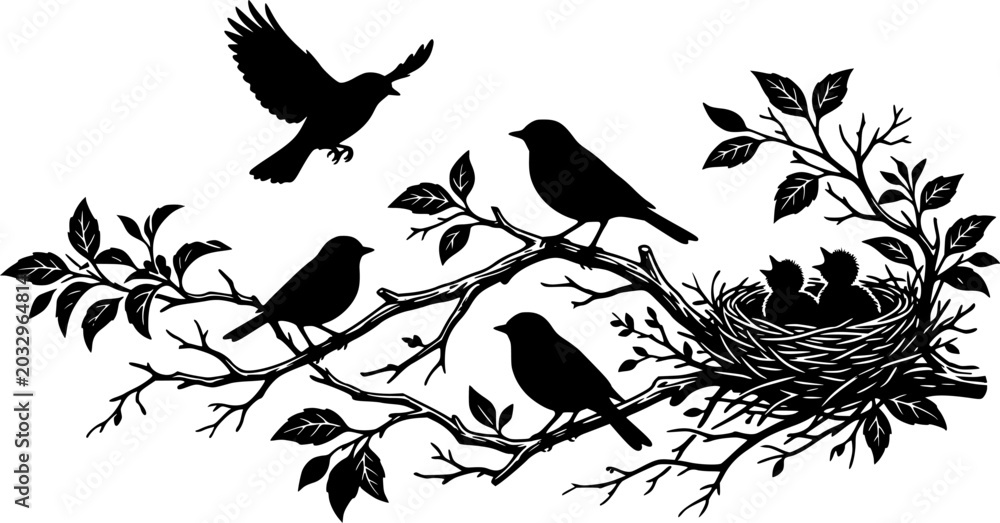 Fototapeta premium Bird silhouettes perched on branches, flying bird, baby birds in nest, nature wildlife scene, black vector illustration, isolated on white background 