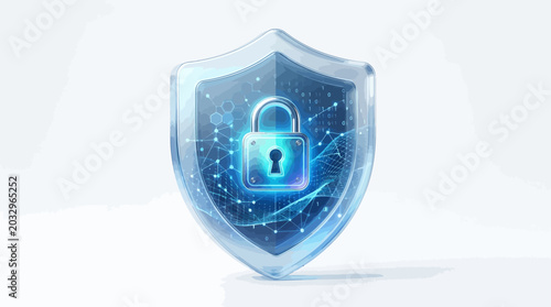 Fotografía Cyber security shield with glowing blue padlock on white background symbolizing