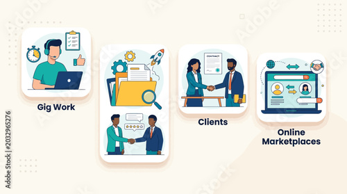 Tableau sur toile Freelance gig work concept with online marketplaces clients and teamwork