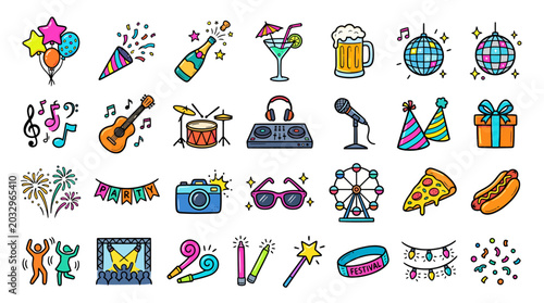 Tableau sur toile Set of colorful hand drawn party and celebration icons featuring balloons music
