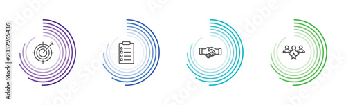 strategy icon set with purpose, procedure, handshake, leader signs in flat outline style