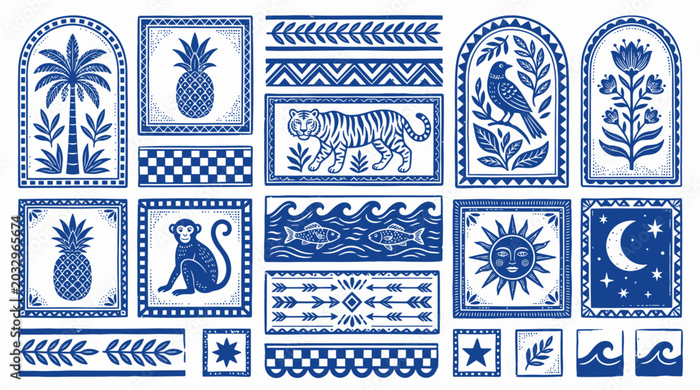 Fototapeta Blue and white tile designs featuring tropical motifs like pineapples palm trees flowers and animals with geometric patterns and sun moon and wave illustrations on a white background perfect