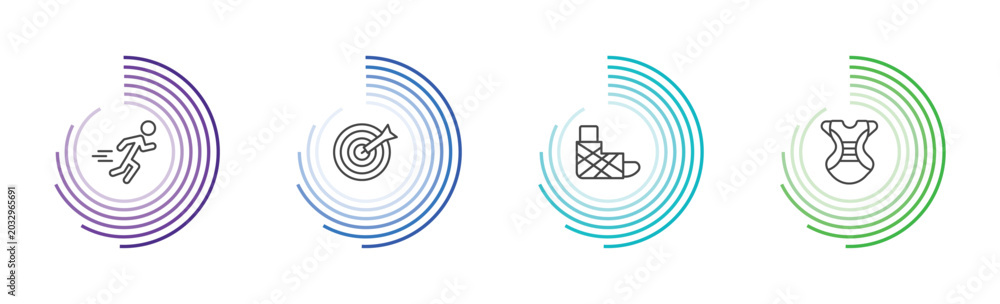 Fototapeta premium sport and game icon set with excersice, dartboard with dart, sprained ankle, chest guard signs in flat outline style