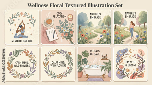 Foto Wellness floral textured illustration set for self care and mindfulness with nat