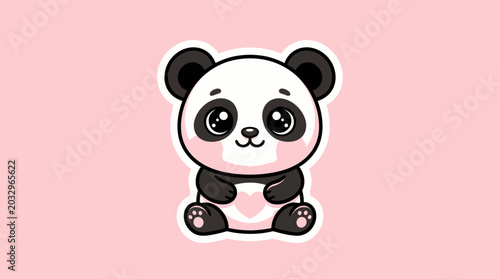 Tableau sur toile Cute cartoon panda bear sitting on pink background looking adorable with big eye