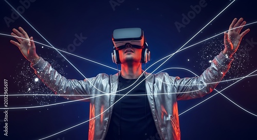 Man wearing vr headset and experiencing virtual reality with glowing lines