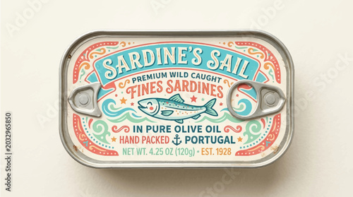 Photos Sardine tin can label with premium wild caught fishes in olive oil on a beige ba