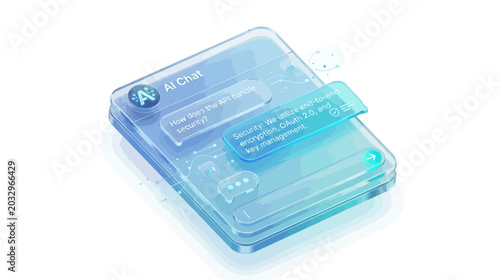 Isometric ai chat interface displaying digital conversation bubbles and data security concepts on a transparent glass mobile device screen with futuristic blue glowing ui elements against a clean