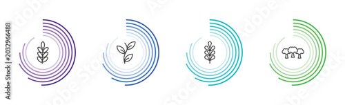 nature icon set with acacia, perfoliate, pecan leaf, woods signs in flat outline style