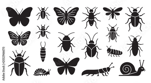 Foto Black silhouette icons showing collection of insects beetles butterflies and snails set