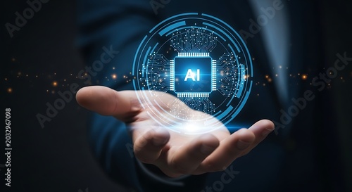 A person holding a glowing blue ai microchip in their hand with a dark background