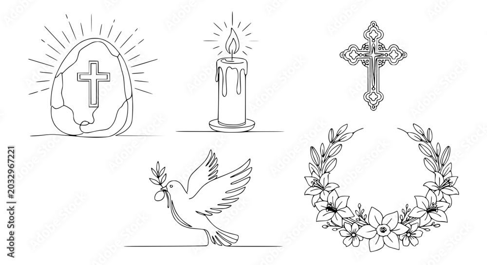 Fototapeta premium Easter Symbols Collection: Egg, Candle, Cross, Dove, Wreath - Line Art