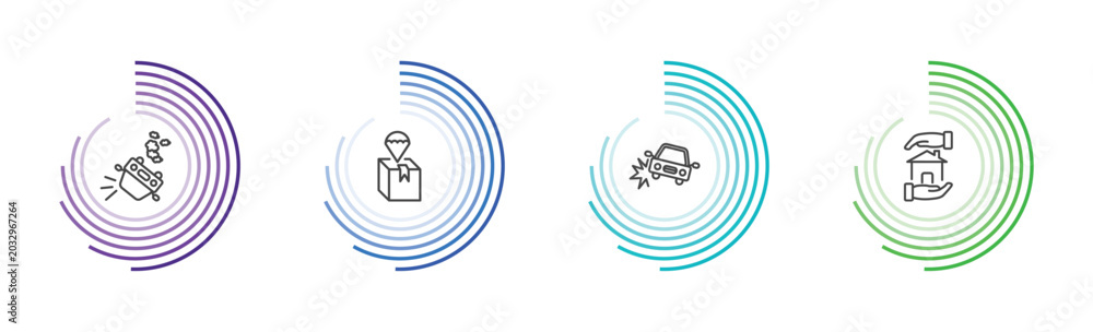 Fototapeta premium insurance and coverage icon set with overturned car, delivery insurance, accident, house insurance signs in flat outline style