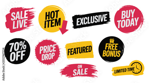 Fotografie Sale labels vector, grunge offer badges with promotional text, hot item, sale li