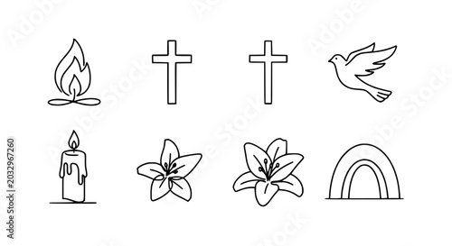 Obraz na plátně Religious Symbols Icons Set: Flame, Crosses, Dove, Lily, Candle, Rainbow