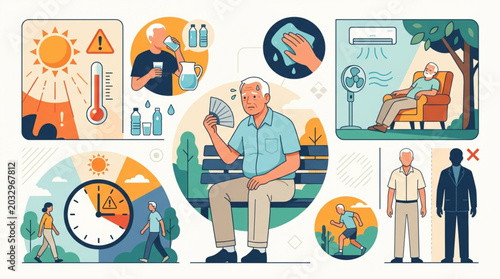 Elderly man fanning himself in heat, surrounded by visual tips on staying cool and avoiding heatstroke with hydration and air conditioning in an outdoor park setting