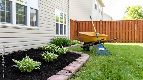 Foto Suburban backyard with a yellow wheelbarrow and garden tools near a house