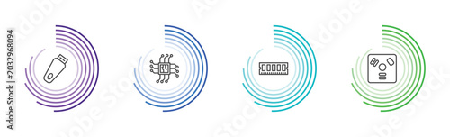 hardware and equipment icon set with pendrive with cover, big processor, random access memory, firewire signs in flat outline style