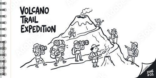 Schilderij op canvas Cartoon illustration of a group hiking a smoking volcano trail on notebook paper