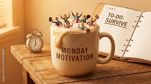 Monday motivation coffee mug with tiny people alarm clock to-do list, motivation